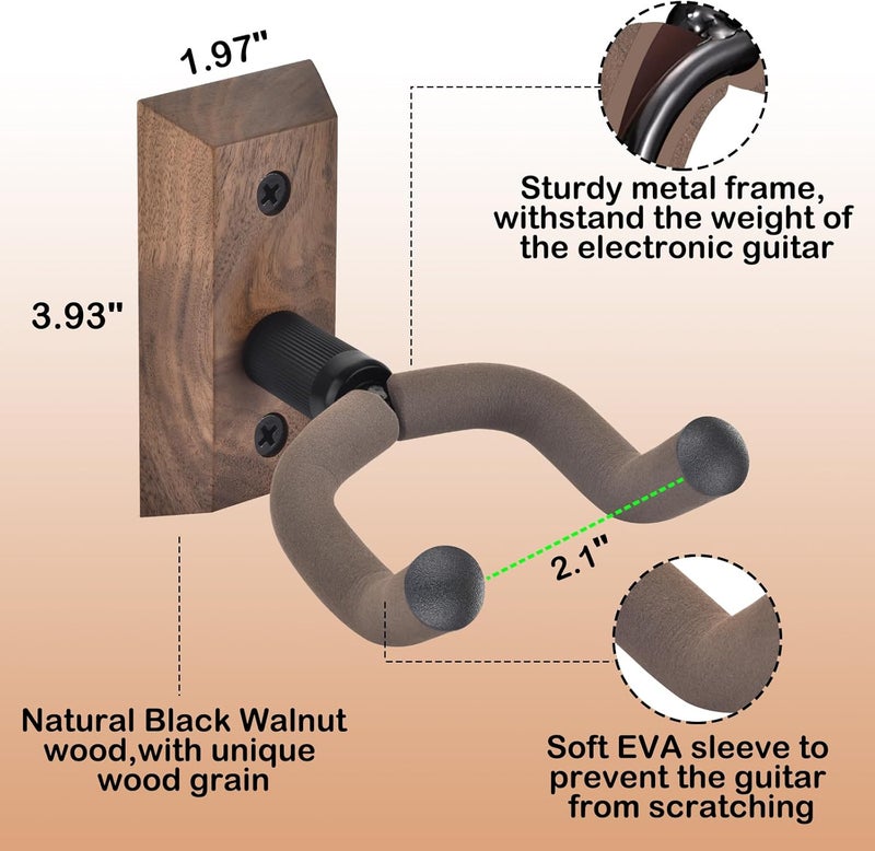 DOMMI Guitar Wall Mount 4 Pack, Guitar Holder with Rotatable Soft Guitar Hook for All Size Guitars, Hardwood U-Shaped Guitar Hanger Wall Mount for Acoustic, Electric Guitar, Bass, Black Walnut - Image 4